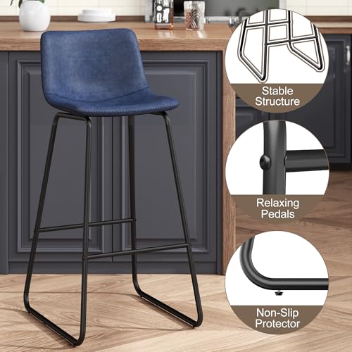 Image of REONEY Bar Stools Set of 3, 30 inch Urban Faux Leather Counter Stools, Navy