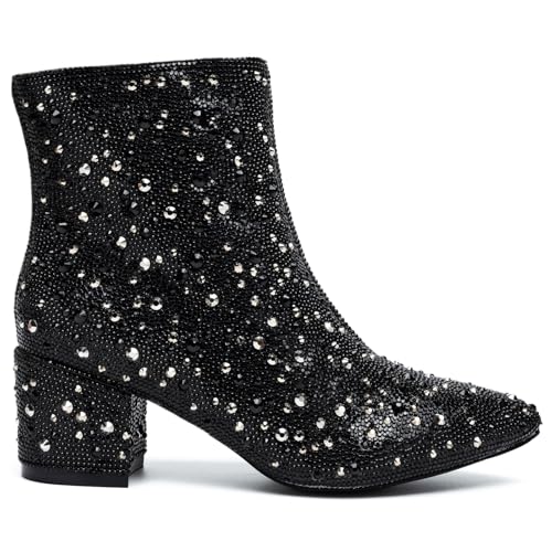 Image of YAYONE Rhinestone Zipper Sparkly Ankle Boots - Glitter Pointed Toe Fashion Comfortable Shoes, Pull on Chunky Heel Western Boots