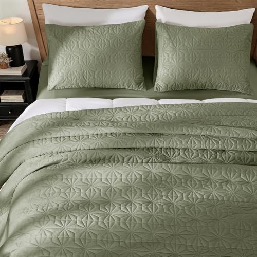 Uqocnh Luxury Velvet Quilt Set King Size 3 Piece, Soft Channel Stitch Velvet Comforter Set with 2 Pillow Shams, Lightweight Coverlet Bedspread Bedding Set for All Seasons, Olive Green — view 5