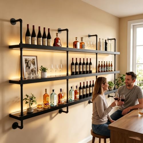 Image of HOUSESET 36 /48 /60 /72 /84in Wine Wall Rack with Led Lights, 3-Tiers Modern Pipe Liquor Bottle Display Shelf, Bar Shelves Wall Mounted for Commercial Bar, Restaurant, Home