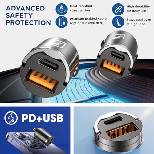 Image of ONE 7 60W Dual Port Car Charger | Super Fast Charging Mini Metal Charger Adapter | USB + Type-C Output | Compact All-Metal Build | Compatible with Phones, Tablets & GPS Devices - Black (ON QCC-29)