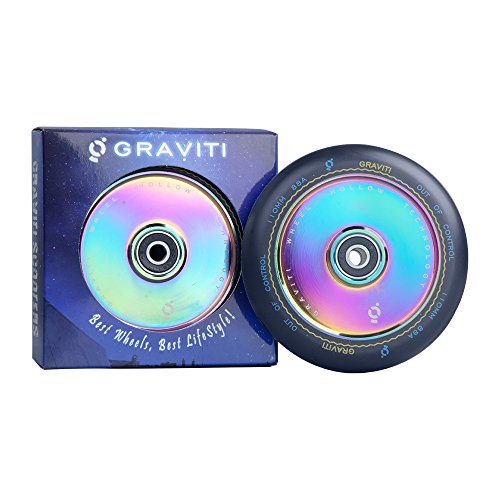 Graviti 1 Pair 110mm Pro Stunt Scooter Hollow Wheels with Abec 9 Bearings for MGP/Razor/Lucky/Envy/Vokul Scooter Replacement Wheels (2pcs) (Black PU Rainbow core, 110mm)