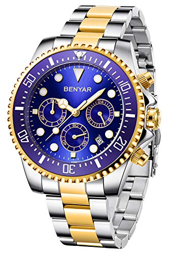 BENYAR Watches for Men - Luxury Business Chronograph - Luminous Waterproof Date Stainless Steel Quartz Men's Watch?Gold Blue-2?