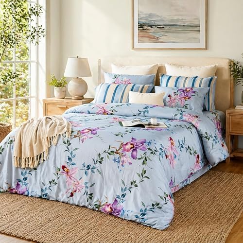 Image of Digitally Printed Premium Bedsheet Set | 300 TC 100% Cotton 1 Queen Bedsheet Set | Extra Smoothness with Sateen Weave| Orchid Blue Bedsheet Set (1 Flat Sheet + 2 Pillow Cases)