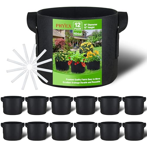 PHYEX 12-Pack 10 Gallon Grow Bags, Heavy Duty Fabric Pots with Handles, Reusable Plant Bags for Vegetable, Herbs & Flowers, BPA-Free, Breathable, Durable