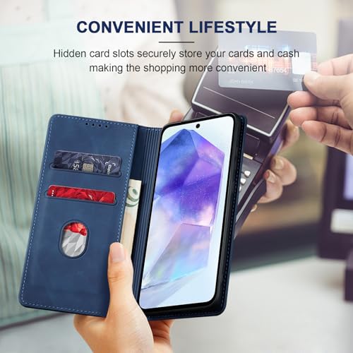 Image of Jasonyu Flip Wallet Case for Samsung Galaxy A55,Leather Magnetic Folio Cover with Card Holder,Kickstand - TPU Shockproof Durable Protective Phone Case,Blue