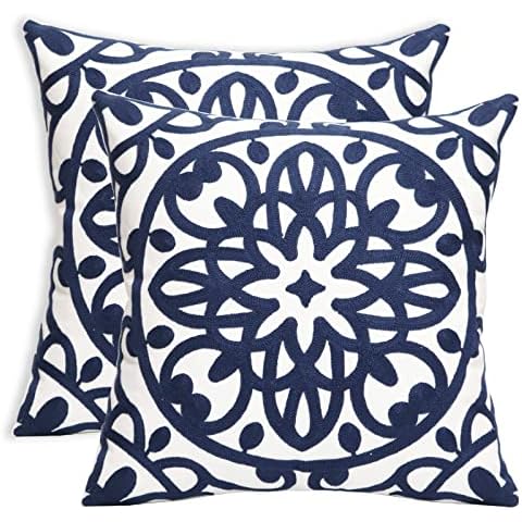 Pilmandu Set of 2 Embroidered Decorative Throw Pillow Covers Boho Pillowcase Cotton Canvas Patio Pillow for Sofa Couch Living Room 18x18 Inch (18x18 Inch, Navy Blue) Cover