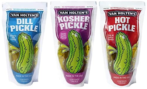 Van Houltens Jumbo Pickle in A Pouch Variety Pack - 3 Flavours - Kosher Garlic - Hot and Spicy - Dill (3 Pack)