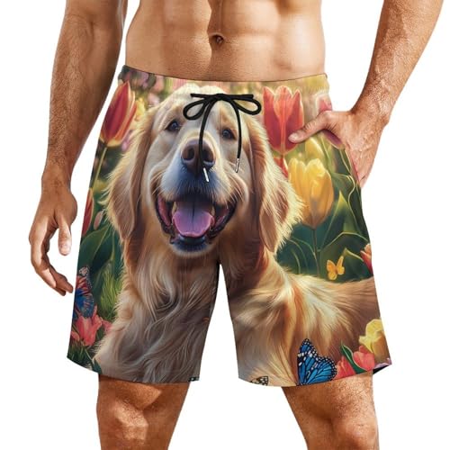 Retriever Sitting in Tulips Flower Mens Swim Trunks with Quick-Drying Lining Beach Shorts for Outdoor Sports
