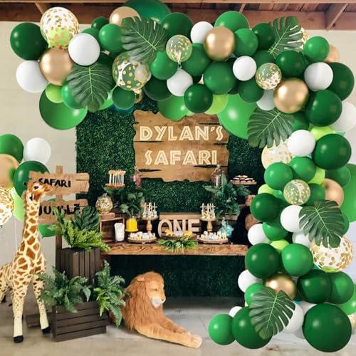 Image of Light Green Balloons Arch Kit,130Pcs Dark Green and Gold Balloons,Different Sizes White and Gold Latex Balloon for Jungle Forest Themed Birthday St. Patrick's Day Party Decorations