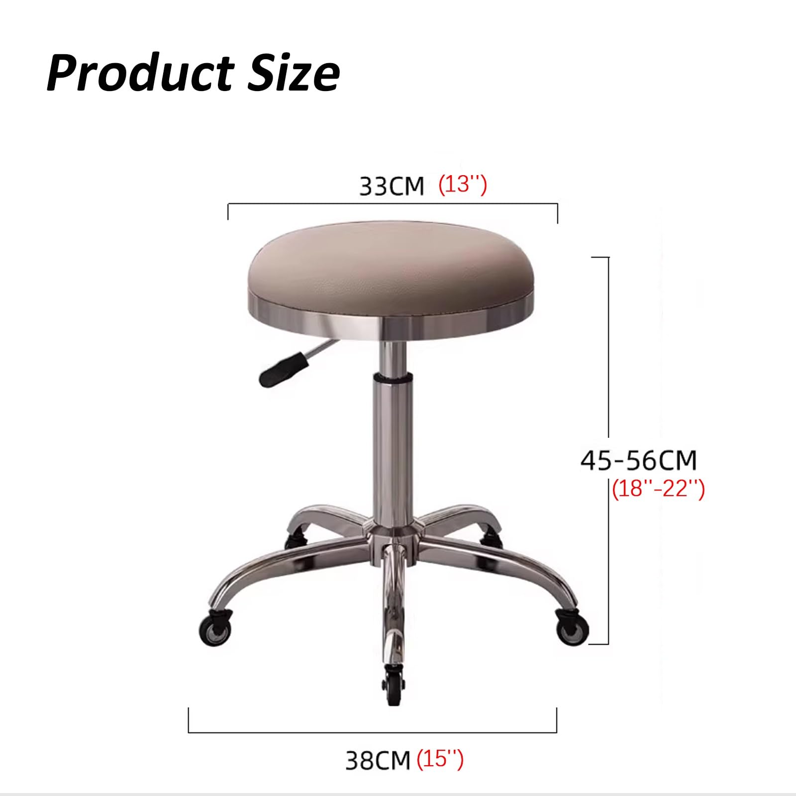 Stołek na Kółkach Regulowana Wysokość 45-56cm Ergonomiczny Taboret ze Skóry Ddo Salonu, Baru, Domu, Biura, Tatoo, Medyczne, do Masażu(Beige)