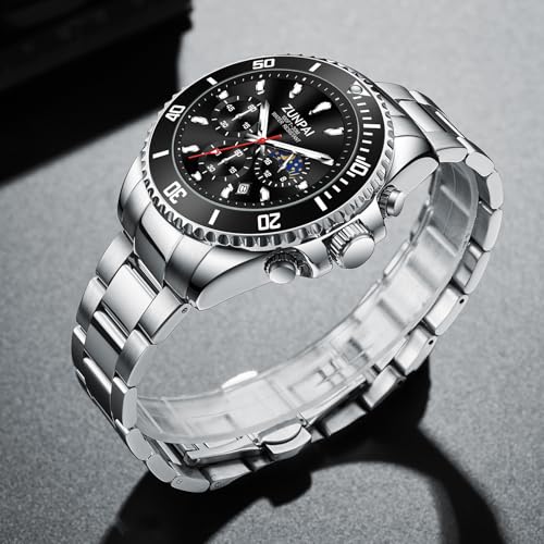 Image of ZUIPAI Moon Phase Watch for Men Chronograph Dial Analog Quartz Wristwatch Luxury Diamond Business Dress Watch with Luminous Waterproof Calendar Stainless Steel Strap