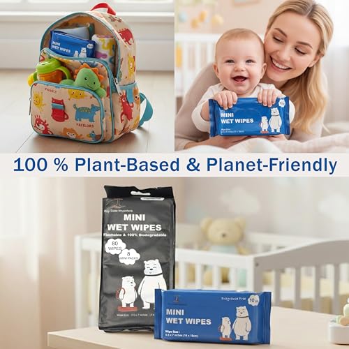 Image of Mini Flushable Wipes Travel Size - 80 Biodegradable Disposable Wet Wipes - Compact Travel Flushable Wipes for Purse, Backpack, and Airplane Travel - Wipes (8 Packs of 10)