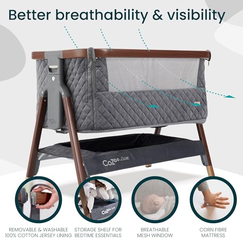 Image of Tutti Bambini CoZee Luxe Bedside Bassinet, Walnut /Slate | Portable Crib, Adjustable Crib for Newborns, Travel Case Included, 0-6 Months