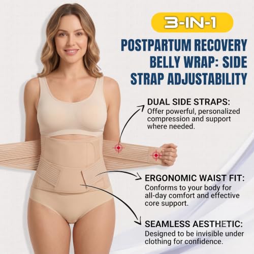 Image of Postpartum Belly Wrap Belt - 3-in-1 Post-Pregnancy Abdominal Binder & Recovery Corset for C-Section & Normal Delivery - Adjustable Post-Surgical Shapewear for Back Support and Stomach Tummy Tuck (Beige)