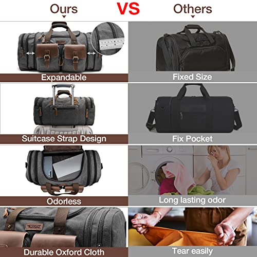 Image of Wildroad 60L Travel Duffel Bag, Expandable Canvas Genuine Leather Duffle Bag Upgraded Overnight Weekender Bag Carry on Bag
