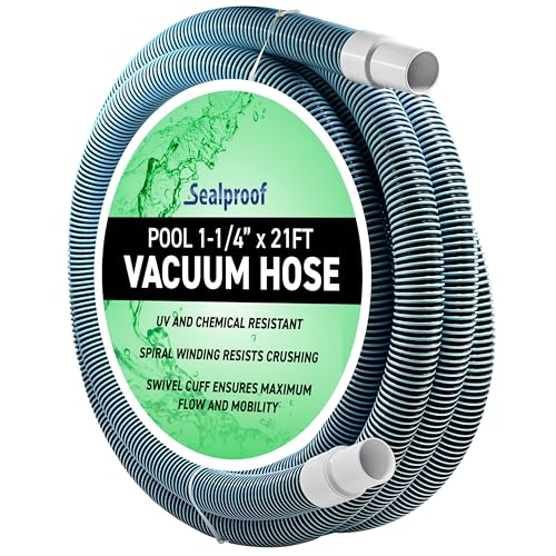 Swimming Pool Vacuum Hose 1-1/4' x 21-Ft, Swivel Cuff Kinkproof Design, Made in USA, Connects to...