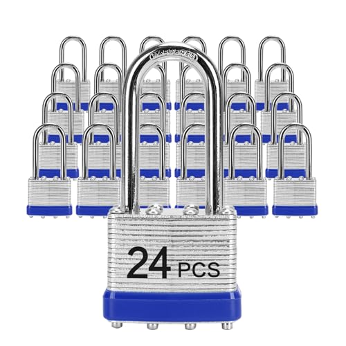 Image of Padlocks with Same Key, LQYN 24 Pcs Laminated Keyed Padlock (1-9 /16 inch, 40mm), Keyed Alike Locks, Long Shackle, for Storage Locker, Hasp Latch, Toolbox, Sheds