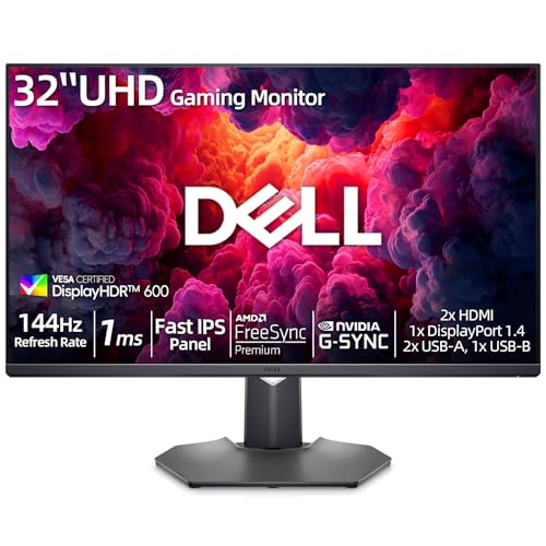 Image of Dell 32 inch 4K UHD Gaming Monitor, 144Hz 1ms Fast IPS Computer Display, AMD FreeSync, NVIDIA G-SYNC, VESA DisplayHDR 600, 95% DCI-P3, HDMI, Displayport, USB-A|B, Height /Swivel /Tilt Adjustable Stand