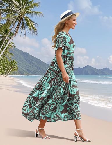 Image of YESNO Women's Summer Maxi Dresses Casual Floral Short Sleeve V Neck Boho Beach Vacation Swing Dress with Pockets EVF