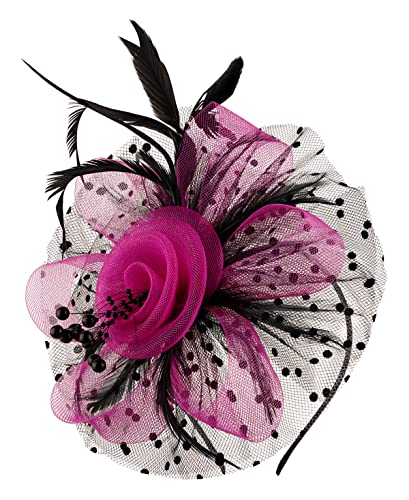 Fascinators for Women Tea Party Headband Kentucky Derby Wedding Cocktail Flower Mesh Feathers Hair Clip (Rose &Black)