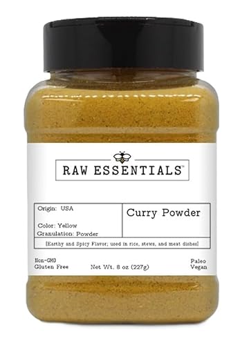 Raw Essentials Curry en polvo, sabor terroso y picante, ideal para platos indios y asiáticos, ideal para guisos, arroz, carne y verduras, sin OMG,