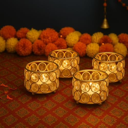 Image of Easyera Beautiful Lotus Tealight Holder Candle Stand Metal Home Decoration Festival Occasions Diwali (Not Include Glass Candle) Golden Pack (Pack of 12 (Golden) Crystal Candle Holder Tealight)
