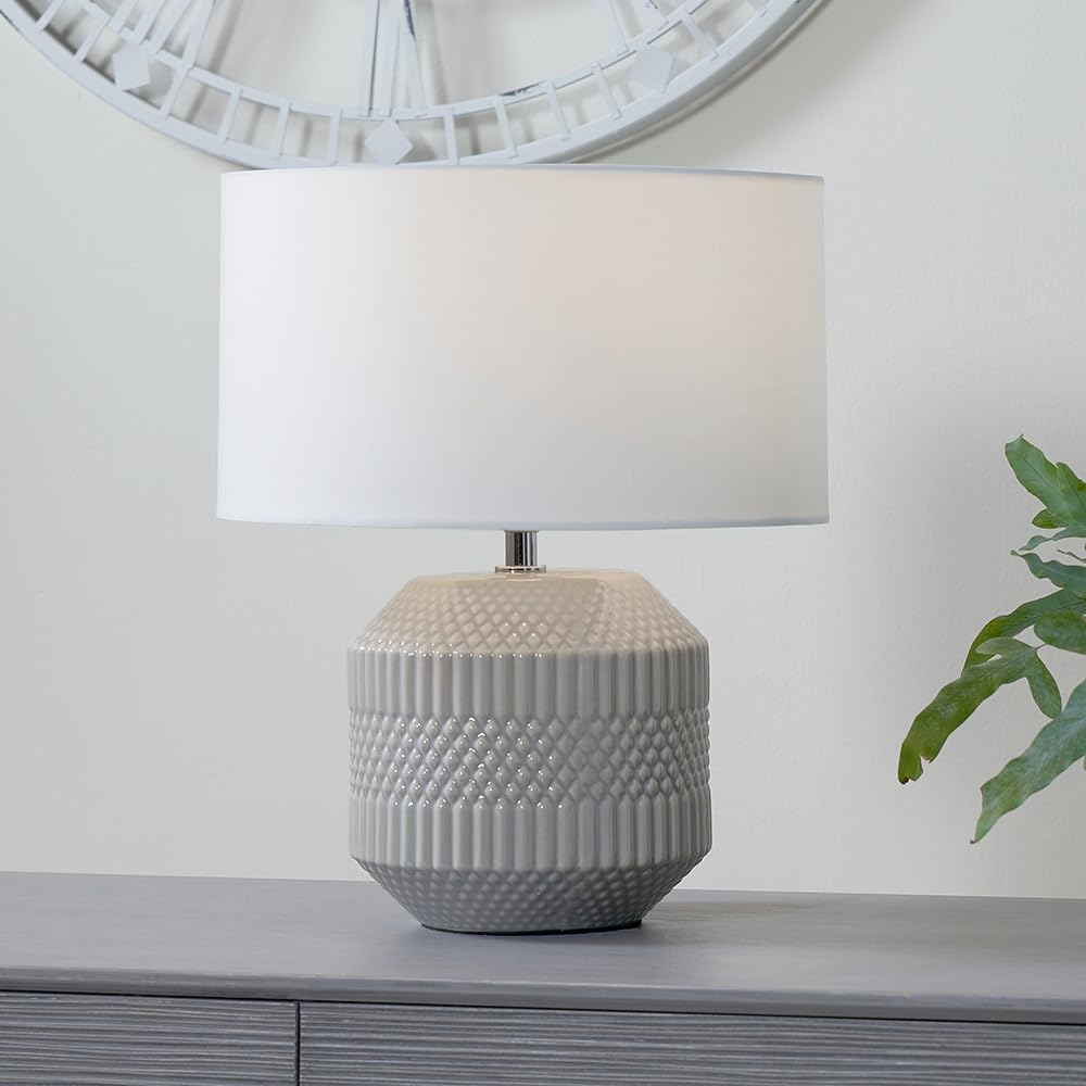 Pacific Lifestyle Grey Geometric Textured Short Ceramic Table Lamp | Modern Scandi Neutral Muted Geo Embossed Lamp With White Drum Shade