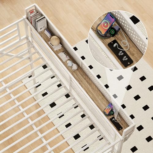 Image of Queen Size Metal Loft Bed with Reversible Stairs and LED & USB Port | Storage Shelf, Reversible Storage Stairs with Wardrobe, LED Lights,USB Charging Port,Noise-Free Design, Large Under Bed