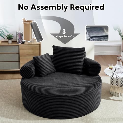Image of Oversized Round Chair Lounge Chaise Indoor, 55.5 inch Upholstered Corduroy Deep Seat Single Cloud Sofa Chair, Fluffy Modern Large Circle Boneless Sleeper Sofa for Living Room, Bedroom, Black
