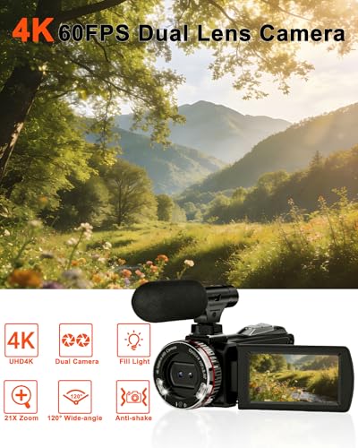 4K Camcorder Video Camera for YouTube, 64MP Vlogging Camera with 21X Digital Zoom, 3.0'' Rotatable Screen, LED Fill Light, External Microphone, Remote, 2 Batteries, 64GB Card - Image 3