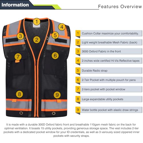 Image of Gasoline Class 2 High Visibility Reflective Safety Vests Women & Men | With 15 Pockets And Zipper Front,Meets Ansi /Isea Standards