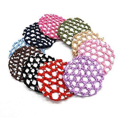 WEFOO 10Pcs Fashion Handmade Bun Cover Snood Hair Net Ballet Dance Skating Chic Crochet with Rhinestone for Women Girls,Assorted Color