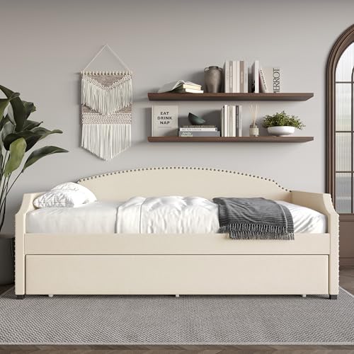 HOME DESIGN Kilagore Sofá cama tapizado de terciopelo con ribete de clavos y nido (beige)