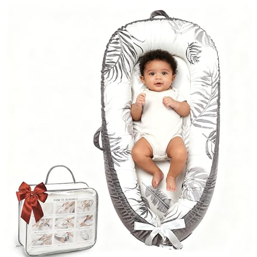 Image of Baby Lounger-Breathable and Soft Organic 100% Cotton, Portable Infant Lounger with Removable Lounger Cover, Baby nest Lounger for Newborn - Grey Leaves
