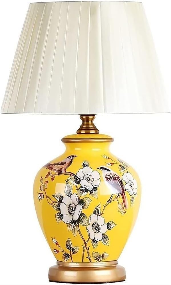 Dfaeekiyo One Color Chinese Yellow Ceramic Home Decoration Table Lamp Classic Garden Ginger Jar Desktop Light Fabric Lampshade Modern