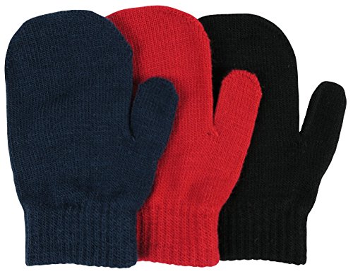 N'Ice Caps Toddler Baby Boys Girls Magic Stretch Mittens - 3 Pairs Assortment (2-4 Years, Solid - Red/Navy/Black Mittens)