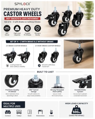 Image of Heavy Duty Castor Wheels Furniture | Set of 4 Heavy Duty Caster Wheels with Brake & Without Brake | M10 Threaded Stem Swivel Castor Wheels | 360 Rotation | Trolley,