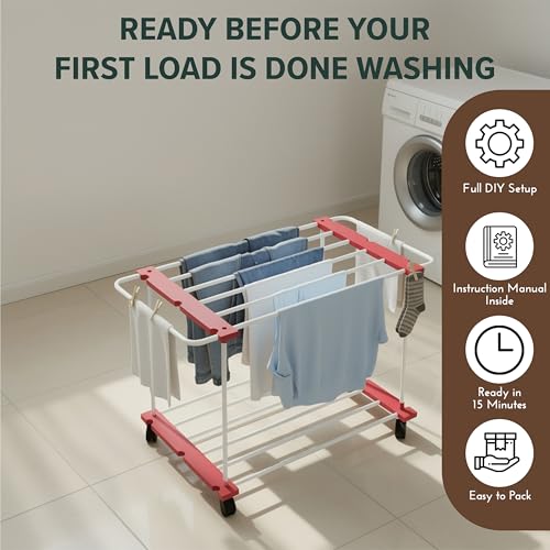 Image of TNT THE NEXT TREND Trixy 1 Layer Carbon Steel Indoor & Outdoor Clothes Drying Stand with U-Bar, Wheels, 16.7 ft Drying Space, (L96 x B45.3 x H65.5 cm), 5 Year Rust Proof Warranty, Cherry