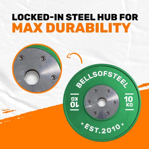 Image of Bells of Steel Competition Bumper Plates - Low Bounce, Vibrant Colour-Coded, Virgin Rubber Olympic Plates for Commercial and Home Gym - 450 mm Plate Diameter, 190 kg Weight Set