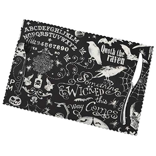 6PCS Halloween Place Mats Vintage Magic Ouija Board Skull Placemats Washable Fabric Insulated Dining Table Mats 12x18