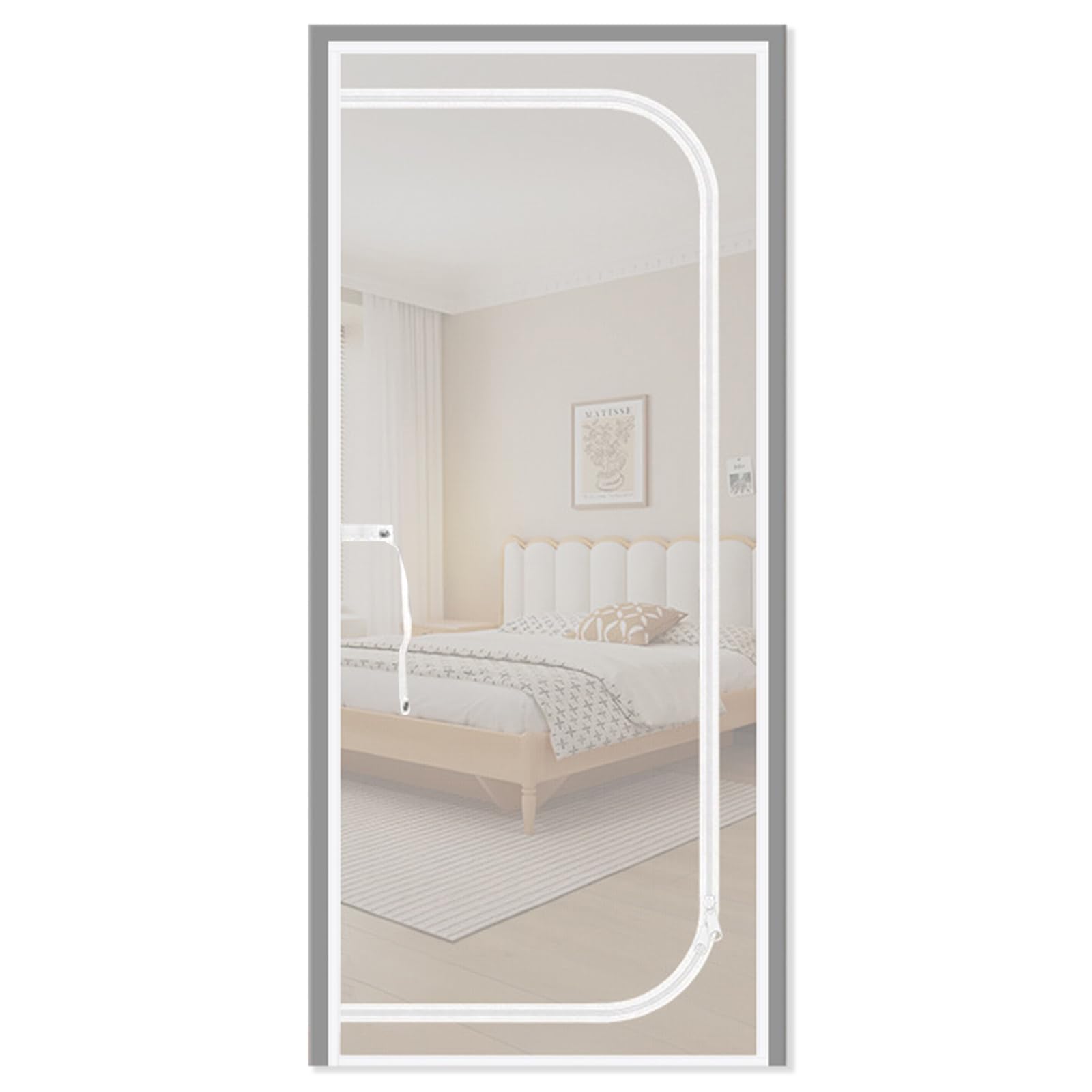 MYSUNBAR White Cat Screen Door Left U-Opening Zippered Mesh, Sturdy Pet Proof Guard for Patio Balcony, Robust Polymer Fiber No-Drilling Protector