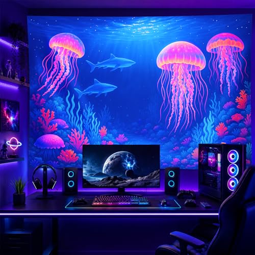 Image of BlissYard Neon Jellyfish Sharks Black Light Tapestry UV Reactive Underwater Ocean Wall Hanging for Living Room Bedroom Dorm Room Bar Party Cool Decor 78x59 Inch