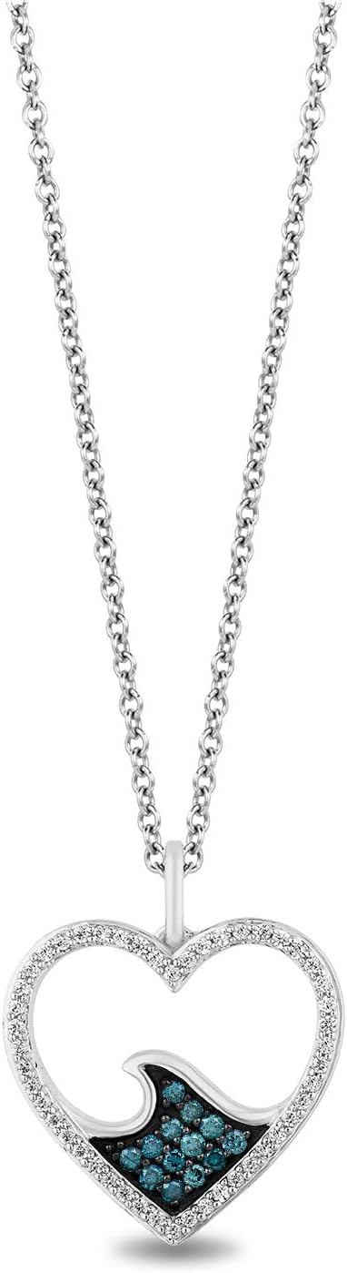 Jewelili Enchanted Disney Fine Jewelry Sterling Silver 1/4 Cttw Treated Blue and Natural White Round Diamond Moana Heart Pendant Necklace, 18" Cable Chain