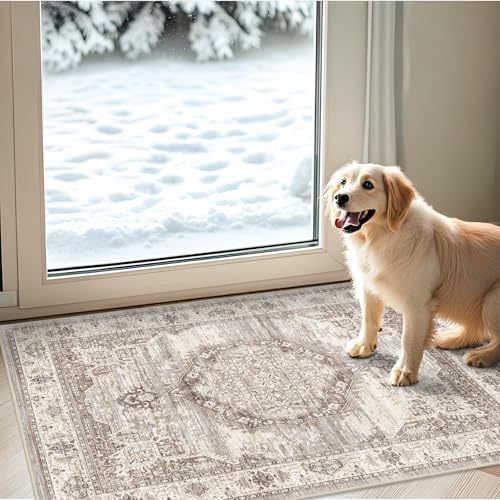 Washable 2x3 Entrance Area Rugs: Indoor Non-Slip Bathroom Mat Soft Stain Resistant Table Runners for Kitchen Laundry Dining Room Vintage Carpet for Entryway Foyer (Beige,2x3)