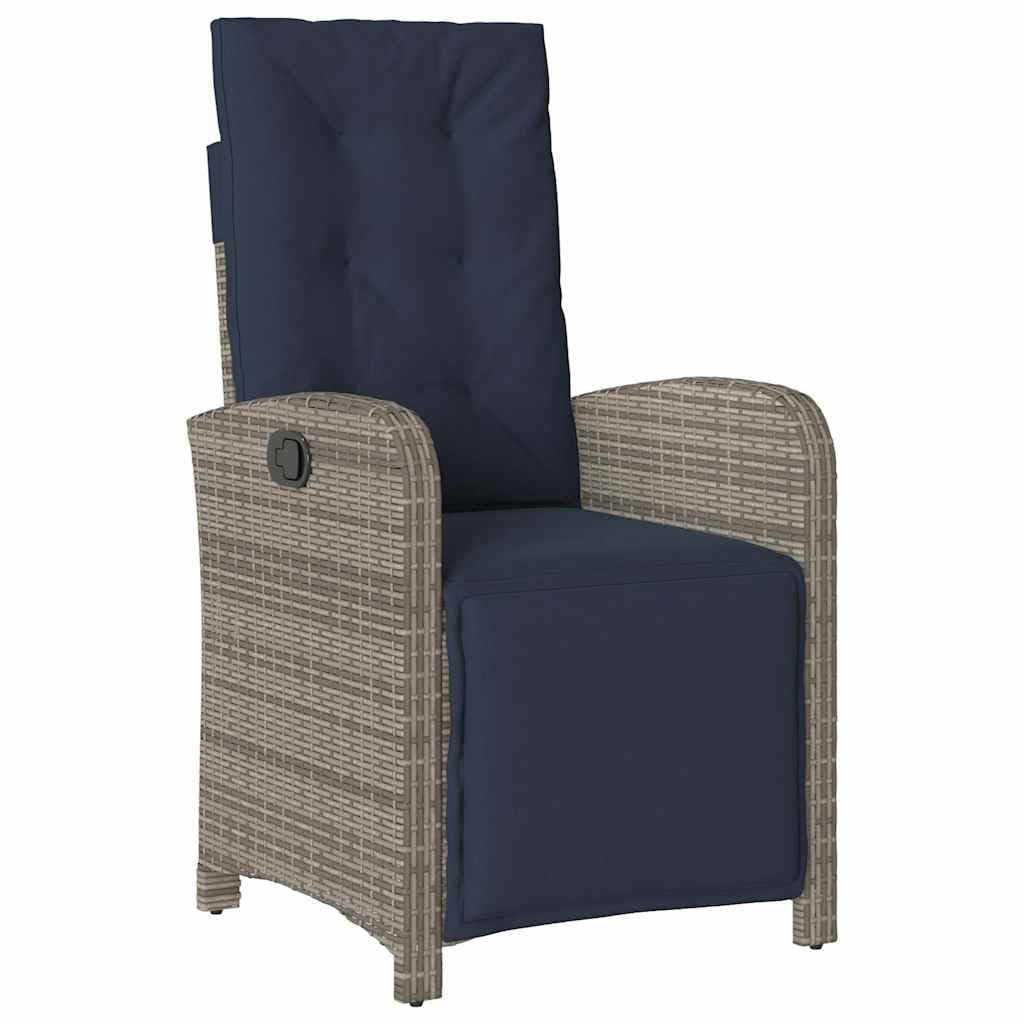 Poltrona da giardino con poggiapiedi, regolabile, in polyrattan grigio, per balcone e giardino, robusta, resistente ai raggi UV, con comodi cuscini