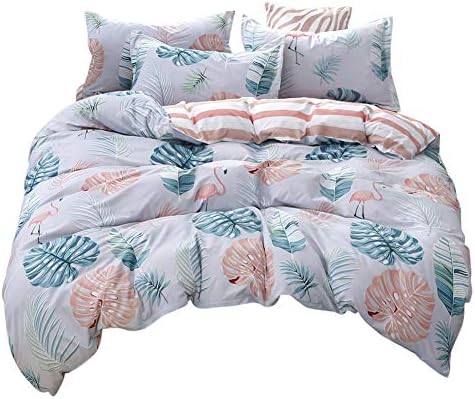 Feelyou Flamingo Bedding Set Tropical Bird Animal Print Comforter Cover Palm Tree Fronds and Leaf Pattern Bedroom Decor 2 Pcs (1 Duvet Cover +1 Pillow Shams), Twin Size, Zipper,Soft Microfiber