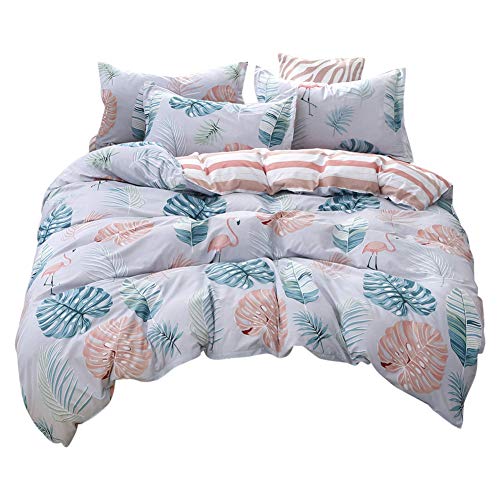 Feelyou Flamingo Bedding Set Tropical Bird Animal Print Comforter Cover Palm Tree Fronds And Leaf Pattern Bedroom Decor 2 Pcs (1 Duvet Cover +1 Pillow Shams), Twin Size, Zipper,Soft Microfiber #TOP25