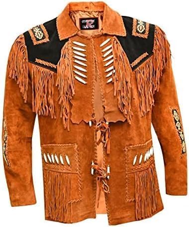 Men's Leather Mountain Man Jacket, Native American Style, Beaded Buckskin Warshirt with Fringe
