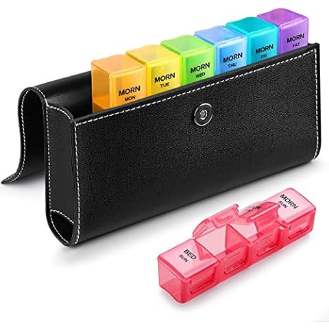 Sukuos Weekly Pill Organizer 4 Times a Day with PU Leather Case, Large 7 Day Pill Box (Morning Noon Eve Bed), Daily Pill Case for Vitamin/Fish Oil/Supplements Cover